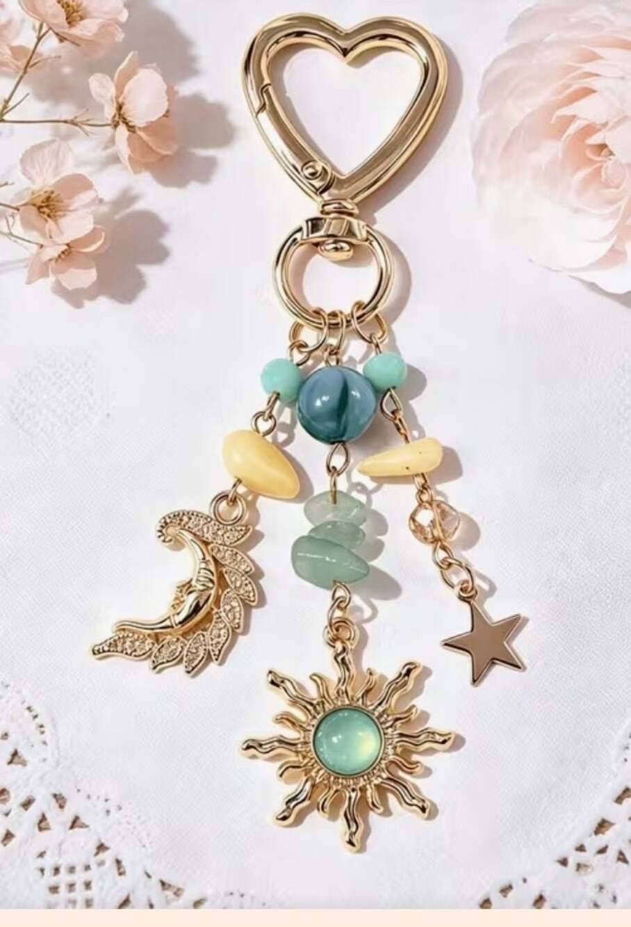 Vintage Heart Sun and Moon Asymmetrical Pendant Keychain with Beads and Stones